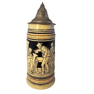 Marzi & Remy Vintage 11in German Beer Stein Pewter Lid Relief Scene Tavern Stein